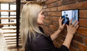 woman looking at tablet on home security system