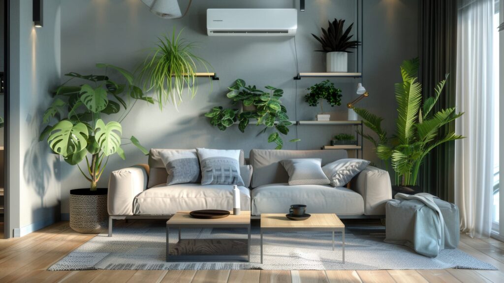 room filled with plants and a high wall air conditioner