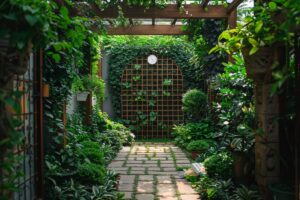 small garden with wood fence and pergola