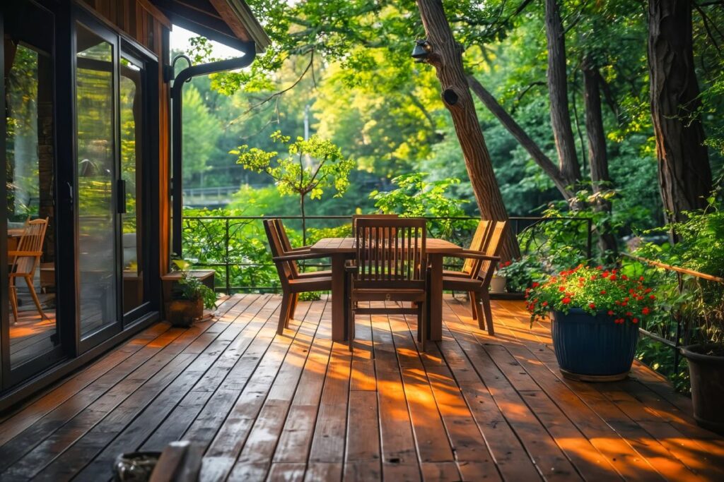 wooden deck with trees surrounding it