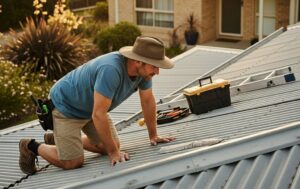 Australian man on his roof inspecting it with a tool box and ladder
