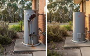 a comparison image of an old vs a new hot water system.